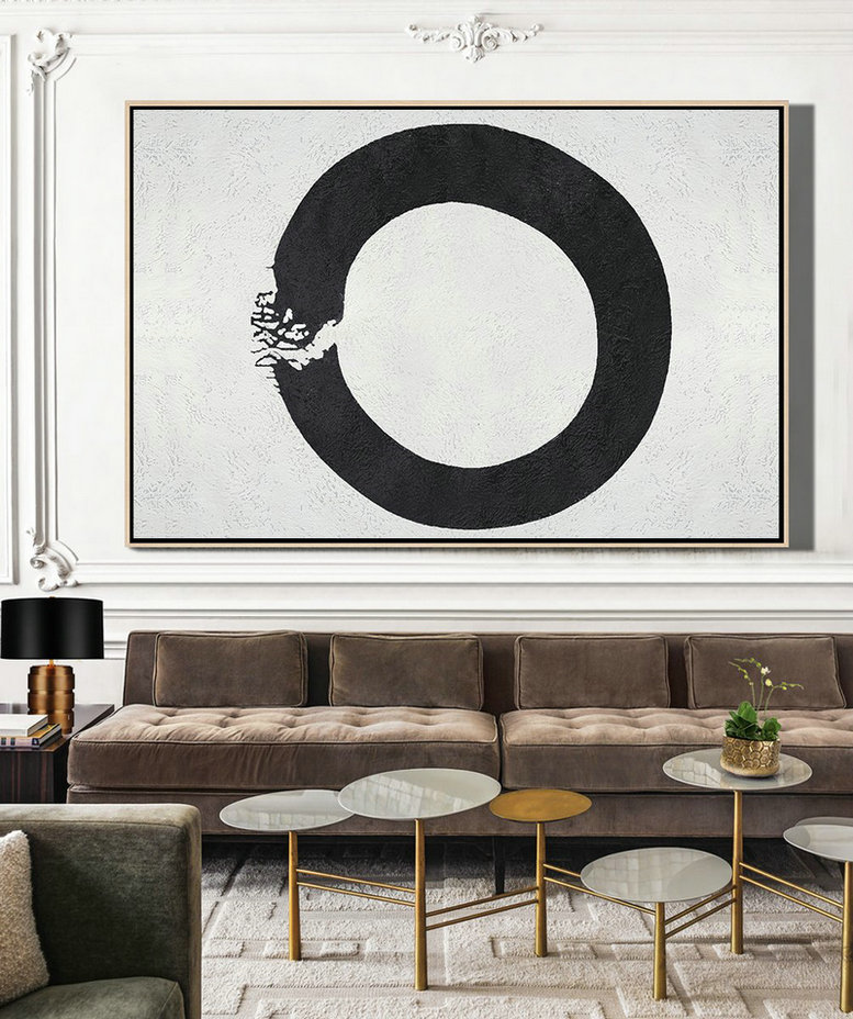 Hand Painted Aclylic Painting On Canvas,Oversized Horizontal Circle Minimal Art On Canvas, Black And White Minimalist Geometric Painting - Big Art Canvas